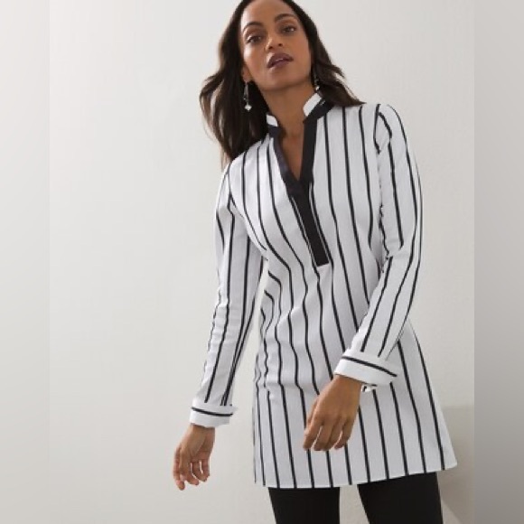 Chicos Tunic NO-IRON Long Sleeve Black White Striped Mandarin Collar Shirt 4/20 - Picture 1 of 14